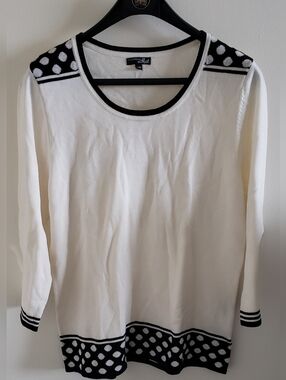 NEW Cream Scoop Neck Sweater with Black Polka Dot Trim, L